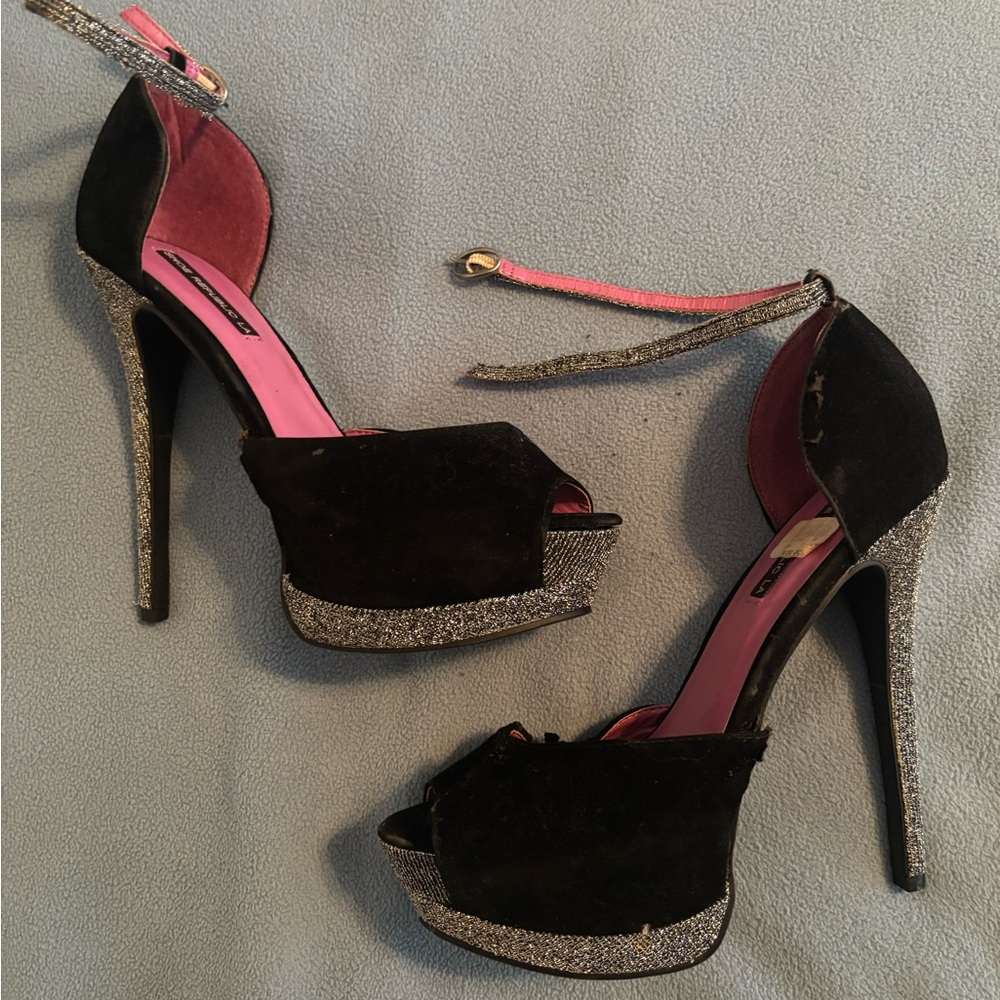 Shoe Republic LA Black Suede and Silver Sparkle High Heels with Pink Lining